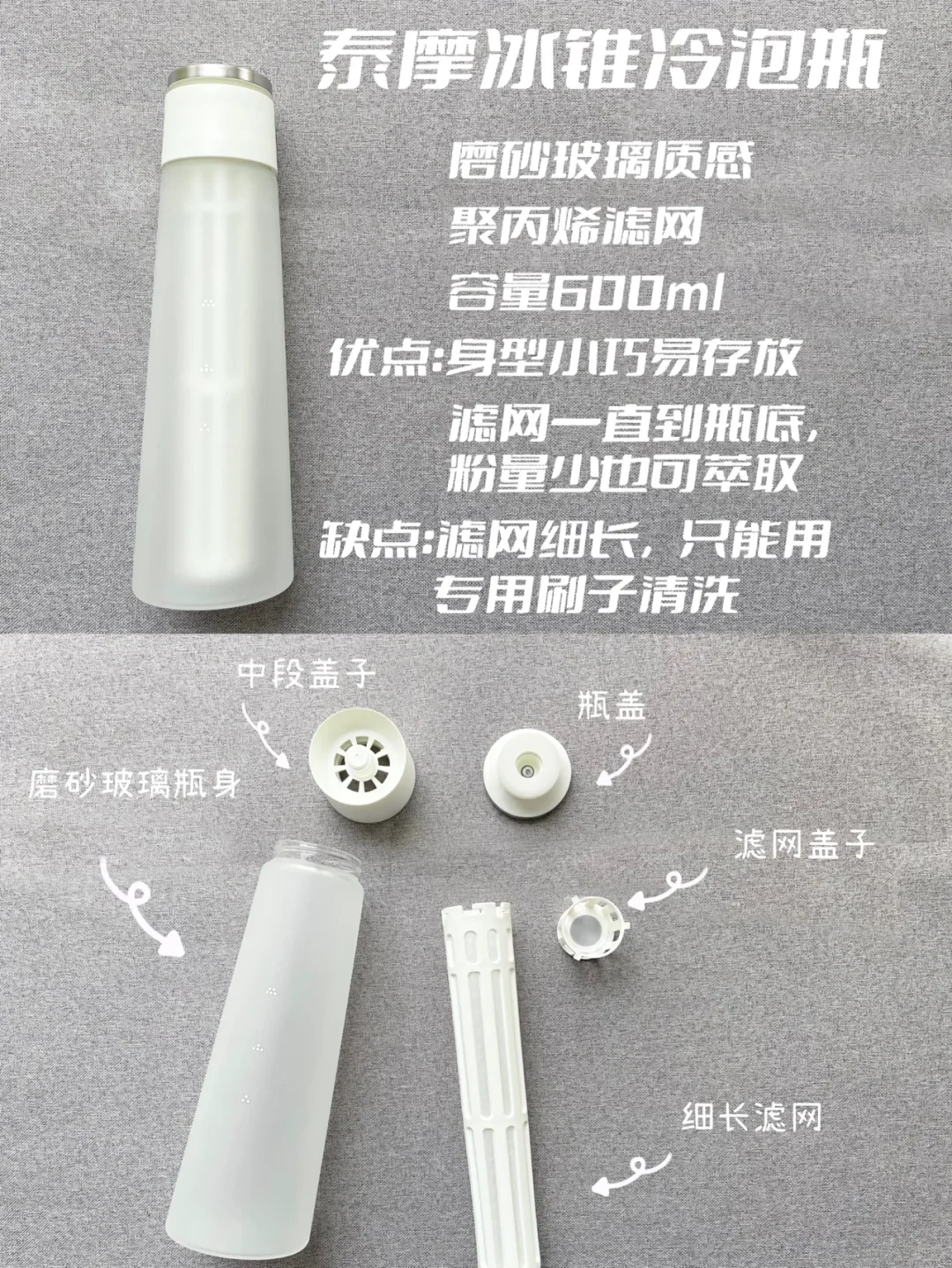 The owner’s annotated TIMEMORE Icicle 600 ml bottle photo shows its frosted-glass body, cap pieces and long filter, with notes on small-dose brewing and brushing the narrow tube.
