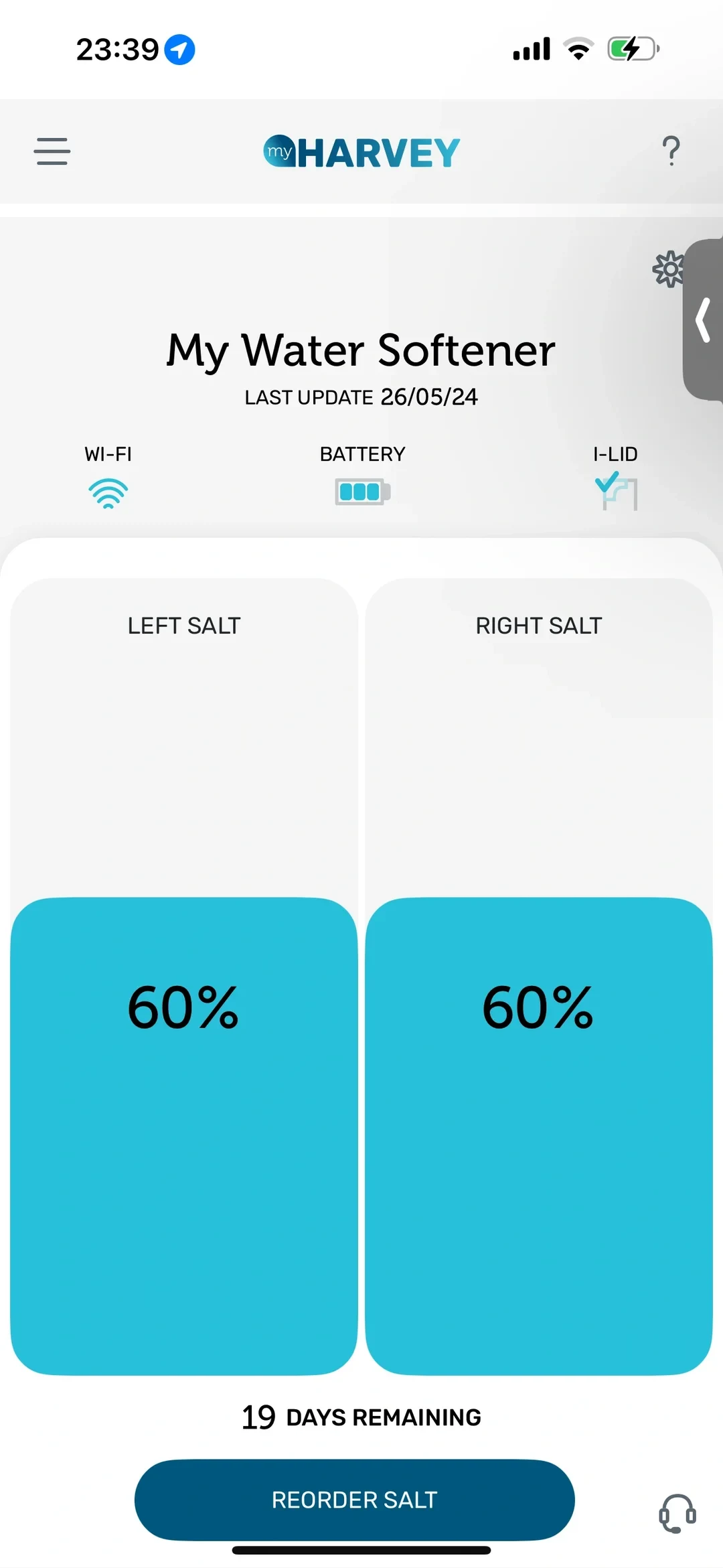 Screenshot of the 'my HARVEY' mobile app displaying 'My Water Softener' status, showing both left and right salt levels at 60%, with 19 days remaining and a button to reorder salt.