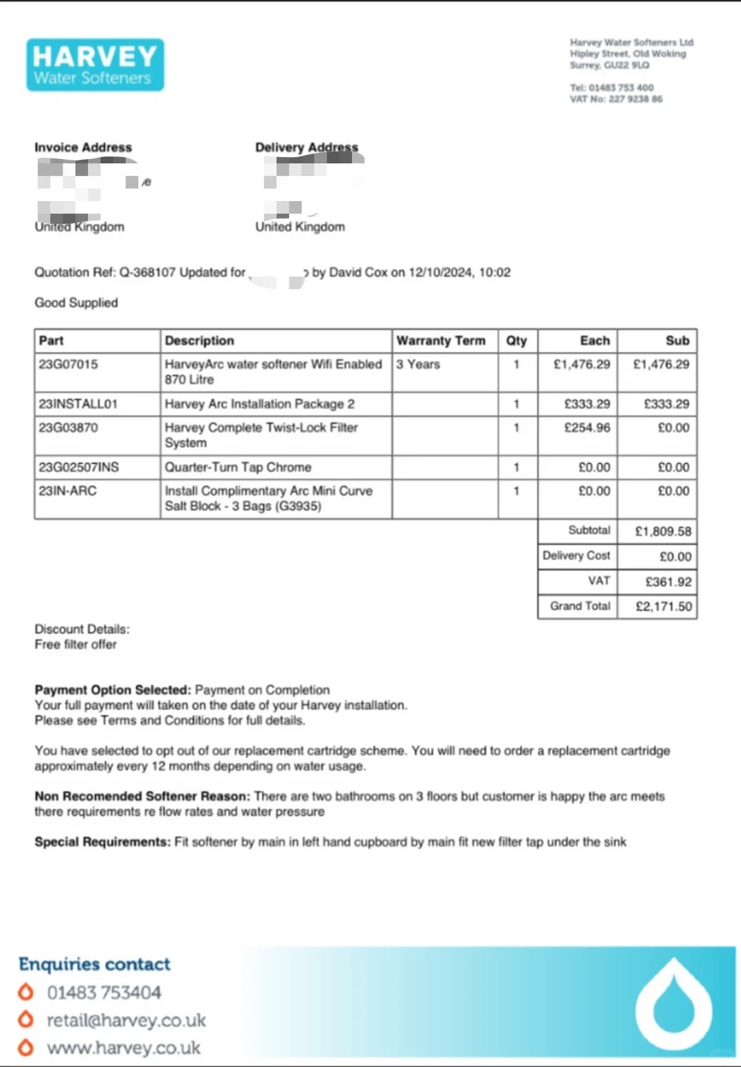 A quotation document from Harvey Water Softeners detailing an order for a HarveyArc water softener Wi-Fi enabled unit, installation package, filter system, chrome tap, and complimentary salt blocks, totaling £2,171.50.