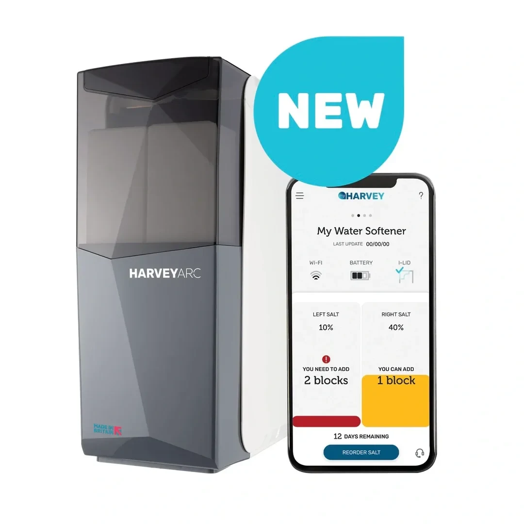 A HarveyArc water softener unit shown alongside a smartphone displaying its companion app interface, with a blue speech-bubble-like badge above displaying 'NEW'.