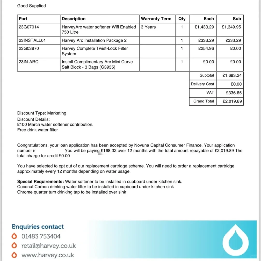 An order invoice and finance summary document titled 'Good Supplied', detailing parts and costs for a HarveyArc water softener Wifi Enabled 750 Litre, installation package, complete twist-lock filter system, and complimentary salt block. It displays a grand total of £2,019.89, details regarding an approved loan via Novuna Capital Consumer Finance for 12 monthly payments of £168.32, special installation requirements, and Harvey enquiries contact information at the bottom.