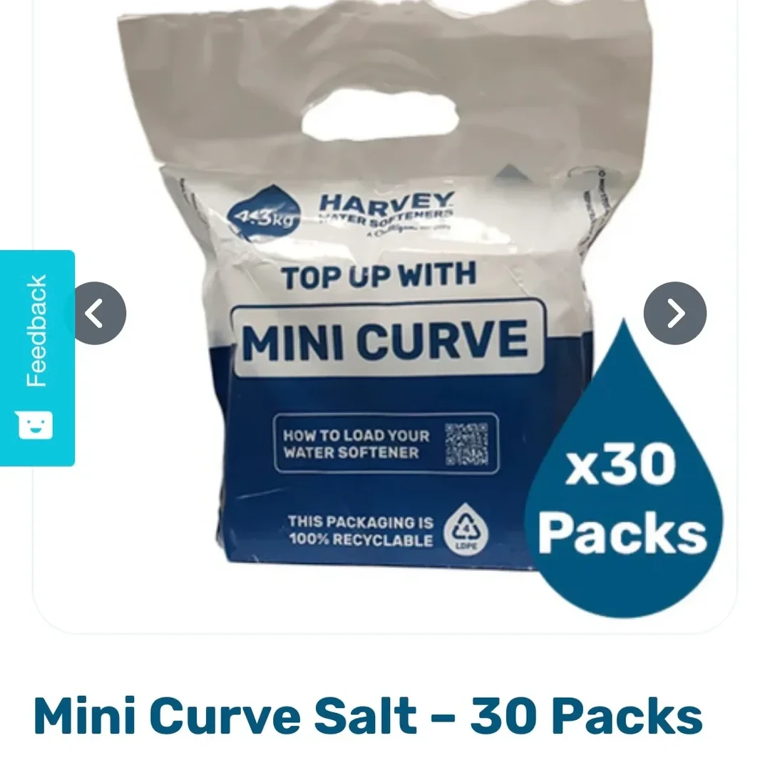 A product listing for Mini Curve Salt – 30 Packs, displaying a white and blue plastic carry-handle bag of Harvey Water Softeners 4.3kg Mini Curve salt next to a blue teardrop icon labeled 'x30 Packs'.