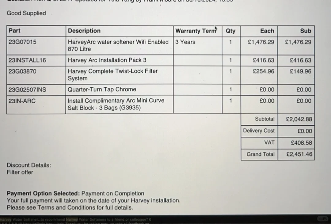 A quotation table titled 'Good Supplied' listing items for a HarveyArc water softener system. It includes part numbers, descriptions such as the HarveyArc water softener Wifi Enabled 870 Litre, Installation Pack 3, Complete Twist-Lock Filter System, Quarter-Turn Tap Chrome, and complimentary salt blocks, along with quantities and prices in British pounds, totaling £2,451.46 including VAT.