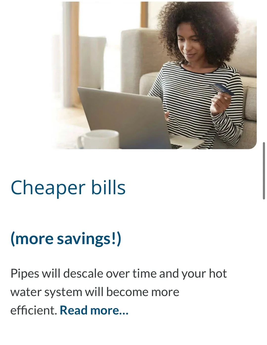 Promotional web section featuring a woman with curly hair in a striped shirt sitting on the floor by a sofa, using a laptop while holding a payment card, accompanied by text below stating 'Cheaper bills (more savings!) Pipes will descale over time and your hot water system will become more efficient. Read more...'