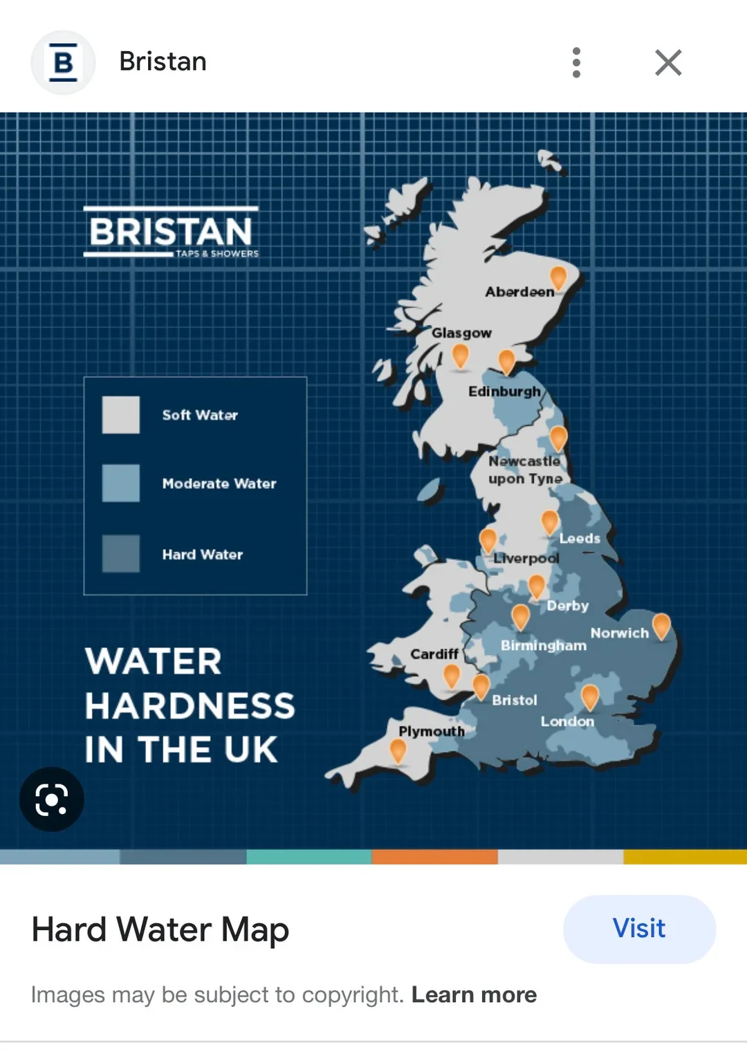 An infographic by Bristan depicting a map of the United Kingdom color-coded by water hardness levels: soft water, moderate water, and hard water, with pins marking major cities such as London, Birmingham, Manchester/Liverpool, Edinburgh, and Aberdeen.