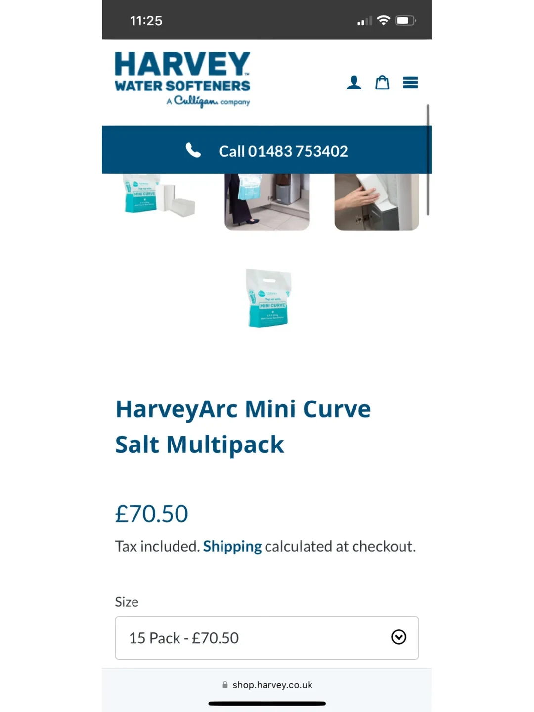 A product listing page on a mobile device for HarveyArc Mini Curve Salt Multipack from Harvey Water Softeners, showing thumbnail images of the salt blocks, a price of £70.50, and a dropdown menu to select quantity.