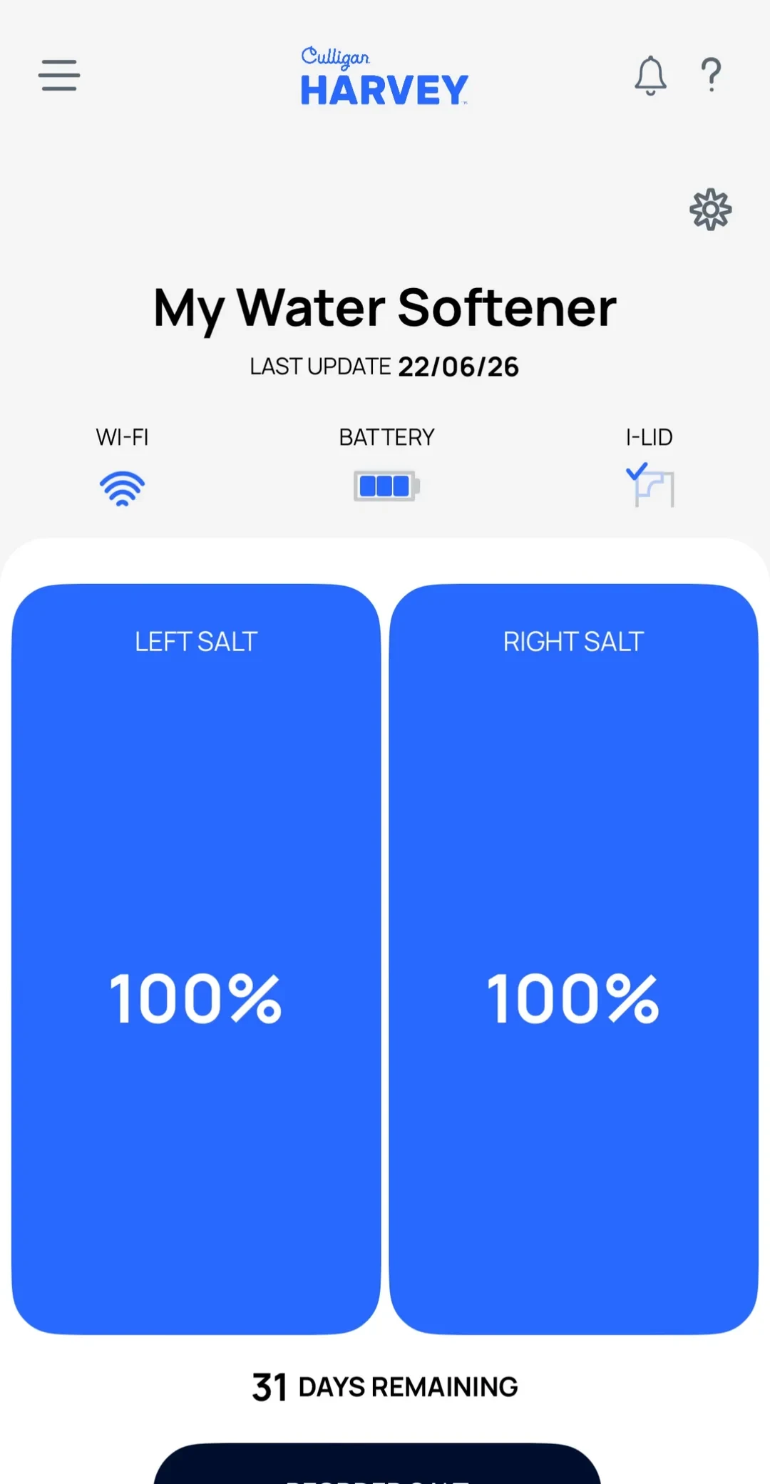 Mobile app interface for a Culligan Harvey water softener, displaying full battery, Wi-Fi connection, and both left and right salt levels at 100% with 31 days remaining.