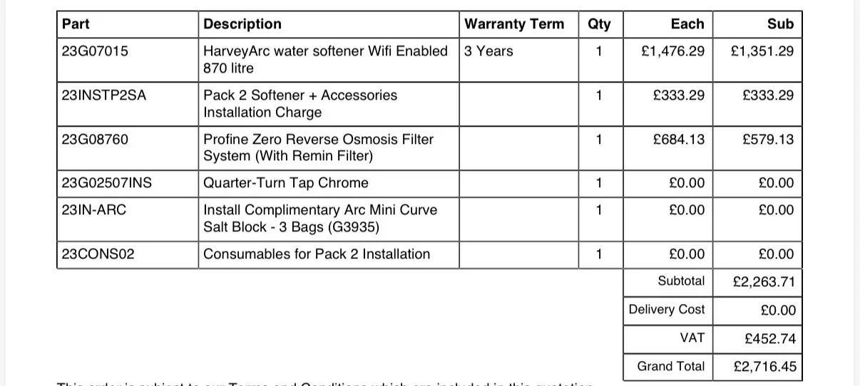 An itemized quotation table listing water softener products, installation, and filter systems with prices in British pounds, showing a grand total of £2,716.45.
