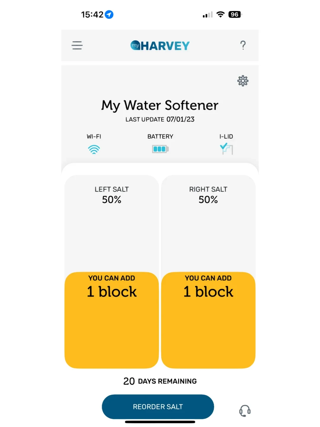 Screenshot of the My Harvey mobile app dashboard titled "My Water Softener." It displays status icons for Wi-Fi, battery, and i-lid, along with two side-by-side monitors for left salt and right salt, each at 50% capacity with a prompt stating "YOU CAN ADD 1 block." Below, it shows "20 DAYS REMAINING" and a blue "REORDER SALT" button.