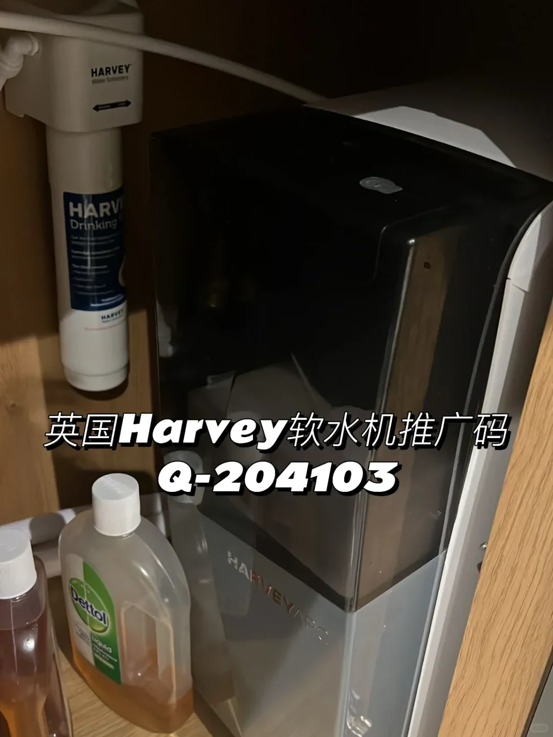 A Harvey water softener unit and water filter installed inside an under-sink cupboard next to cleaning bottles.