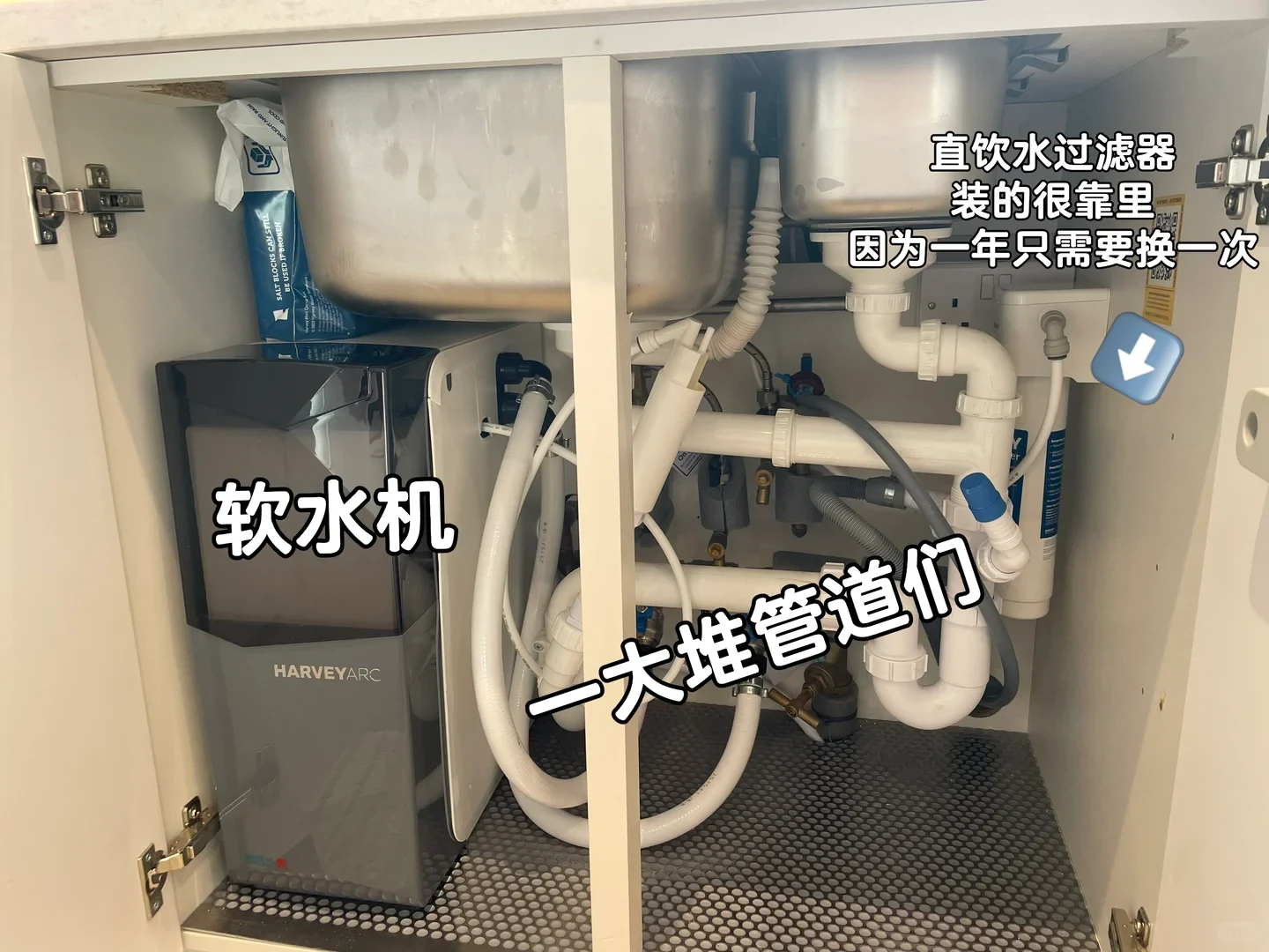 An open kitchen under-sink cabinet displaying installed plumbing and filtration appliances. A Harvey Arc water softener sits on the bottom left, various interconnected white drainage pipes and supply hoses occupy the center and lower right, and a slim drinking water filter is mounted against the back right wall.