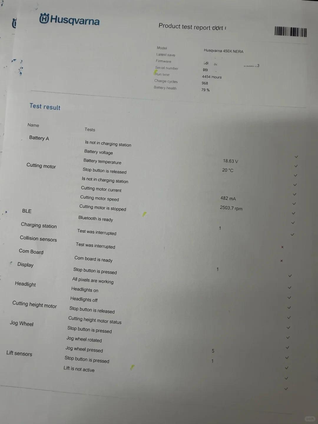 A printed Husqvarna product test report for a Husqvarna 450X NERA robotic lawn mower. The upper section displays general details including a run time of 4454 hours, 968 charge cycles, and battery health at 79%. The lower section provides a 'Test result' breakdown listing components such as Battery A, Cutting motor, BLE, Charging station, Collision sensors, Com Board, Display, Headlight, Cutting height motor, Jog Wheel, and Lift sensors alongside their specific test conditions, measured values, and pass/fail indicators.