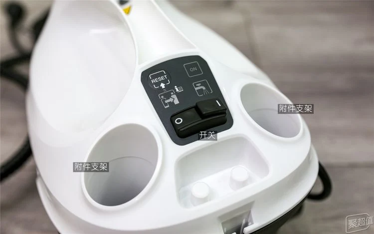 Close-up of the control panel and rear accessory holders on the white body of the Kärcher SC3 steam cleaner.