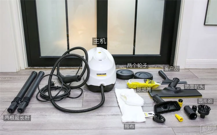 Unboxed components of the Kärcher SC3 steam cleaner laid out on a light-colored wood floor with labeled text overlays.