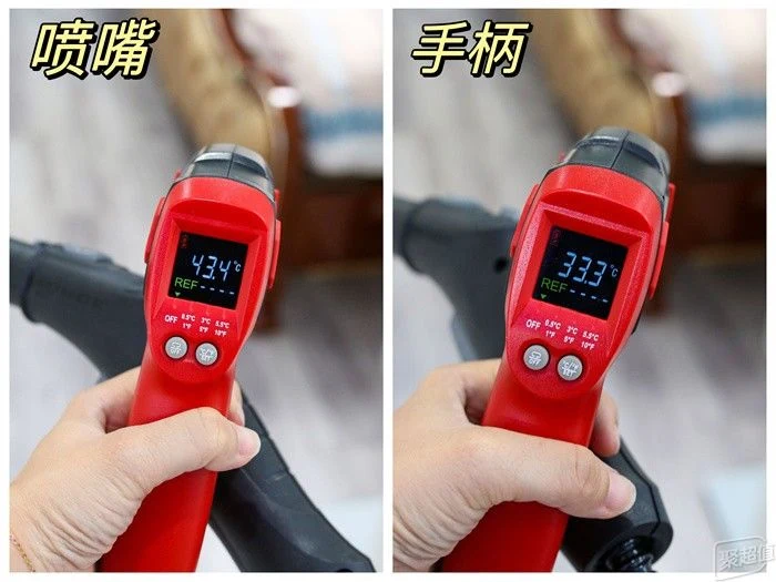 Side-by-side photos of an infrared thermometer displaying surface temperatures during use, measuring 43.4 degrees Celsius for the nozzle on the left and 33.3 degrees Celsius for the handle on the right.