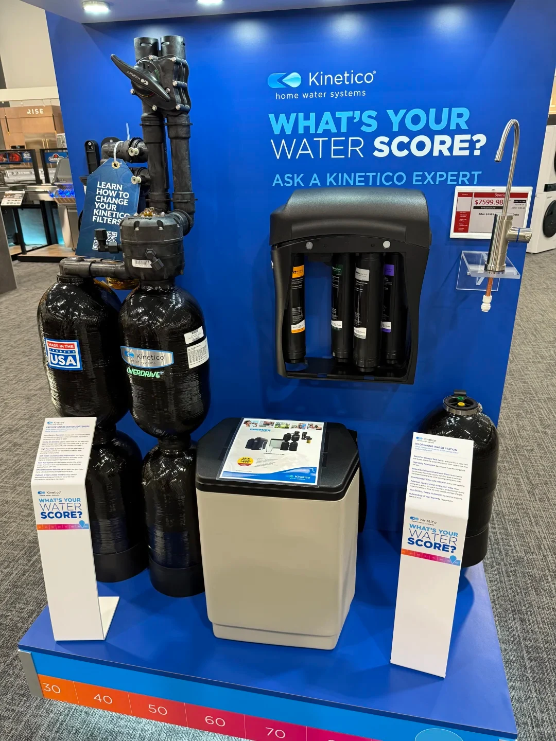 Retail showroom display featuring Kinetico home water systems, including water softener tanks, reverse osmosis filter cartridges, a brine tank, and a countertop faucet fixture on a blue display stand.