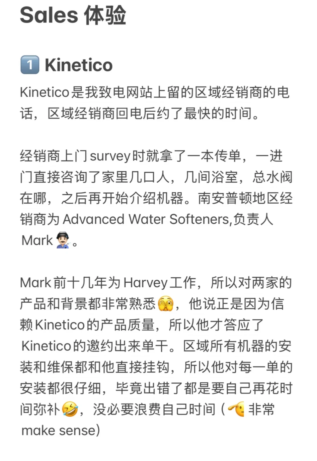 A screenshot of a customer review detailing an in-person sales consultation experience with a Kinetico water softener dealer in Southampton.