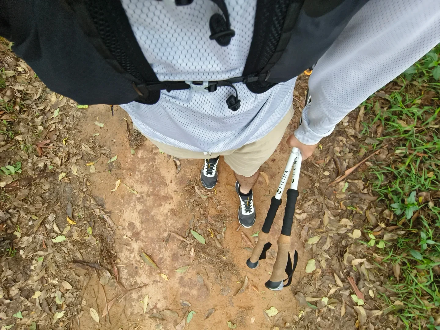 A top-down view of a hiker standing on a dirt trail covered with fallen leaves, wearing a hydration pack and holding a pair of trekking poles in hand.