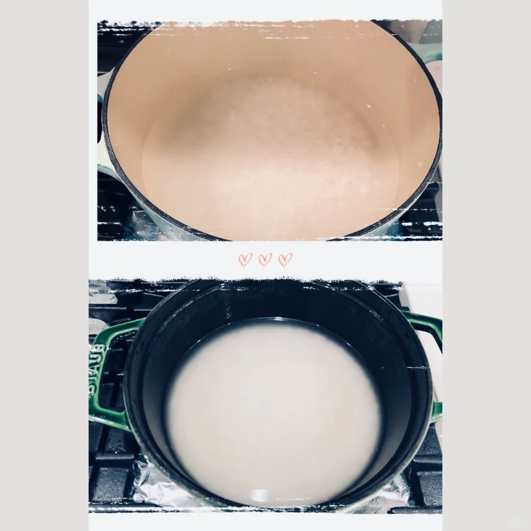 A two-photo collage shows rice and water in a light-enamel pot above a black-enamel green Staub pot, with three decorative hearts between the frames.