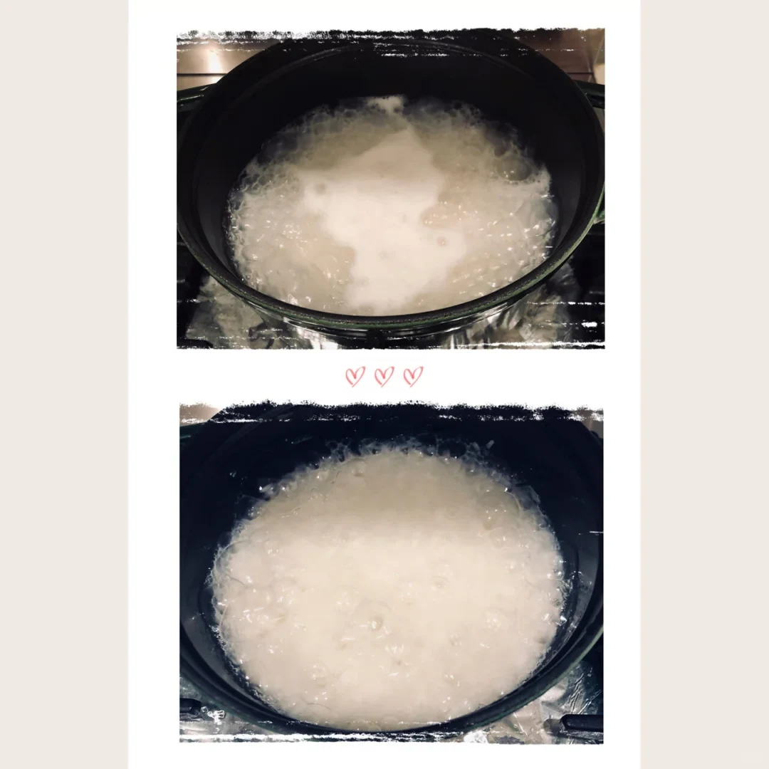 A two-photo collage shows a white, foamy liquid boiling in a black pot on a stovetop, first with a foamy center and then more evenly bubbling. Three small pink hearts separate the photos.