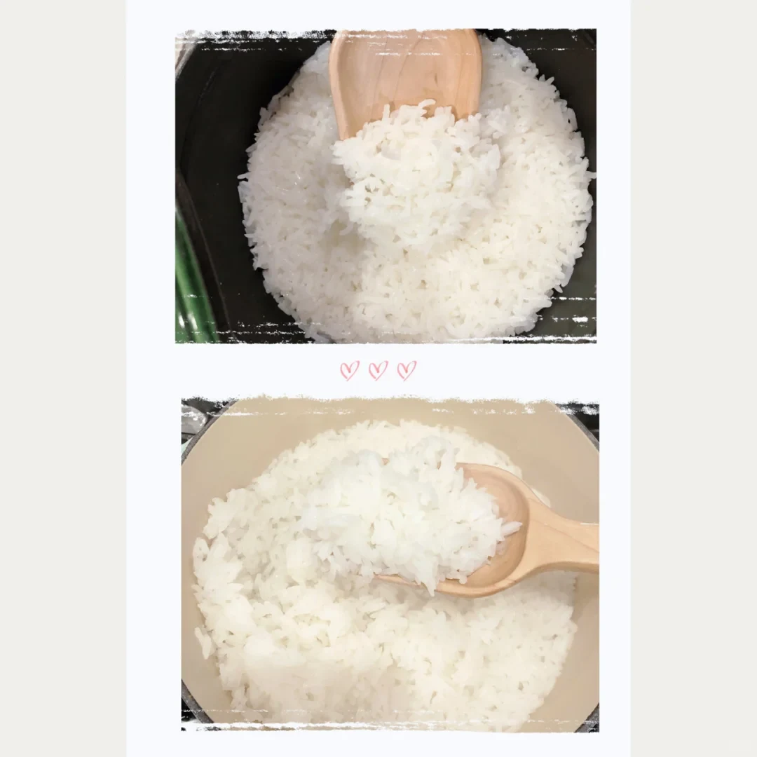 Cooked white rice shown in dark and light enamel interiors, with wooden spoons lifting portions in a two-photo collage.