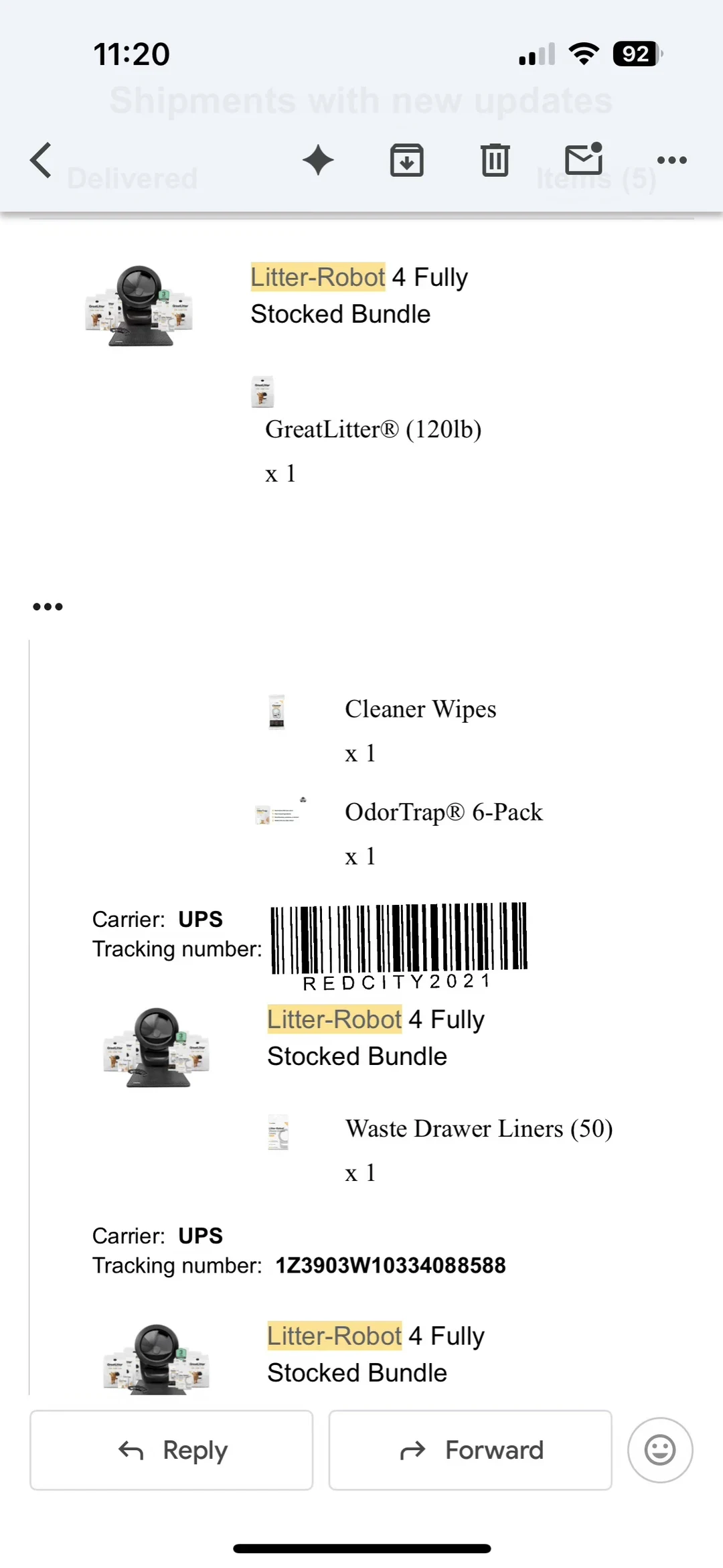 Mobile screenshot of a shipment tracking email for an order of a Litter-Robot 4 Fully Stocked Bundle, detailing items such as cat litter, wipes, OdorTrap packs, and waste drawer liners.