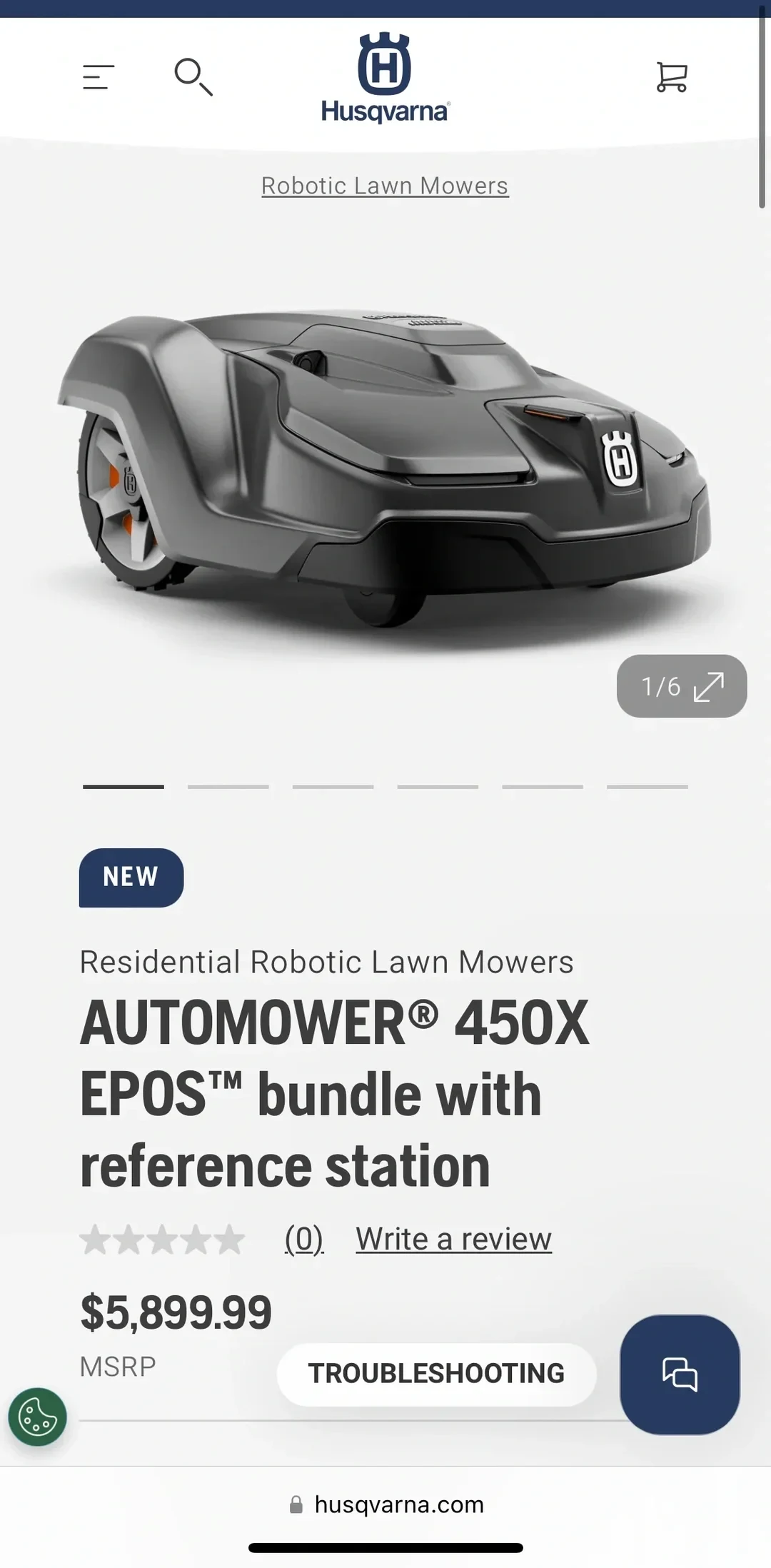 Screenshot of the Husqvarna official website product listing for the Automower 450X EPOS bundle with reference station, listed at an MSRP of $5,899.99.