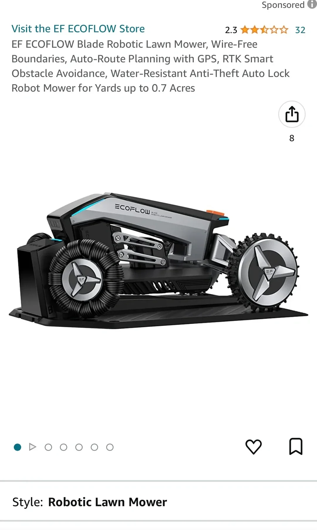 Amazon product listing screenshot for the EF ECOFLOW Blade Robotic Lawn Mower resting on its charging station.