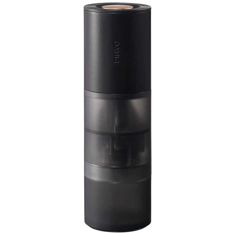 Product image of a black MAVO Aurora coffee grinder with a translucent lower body and a circular button on top, against a white background.