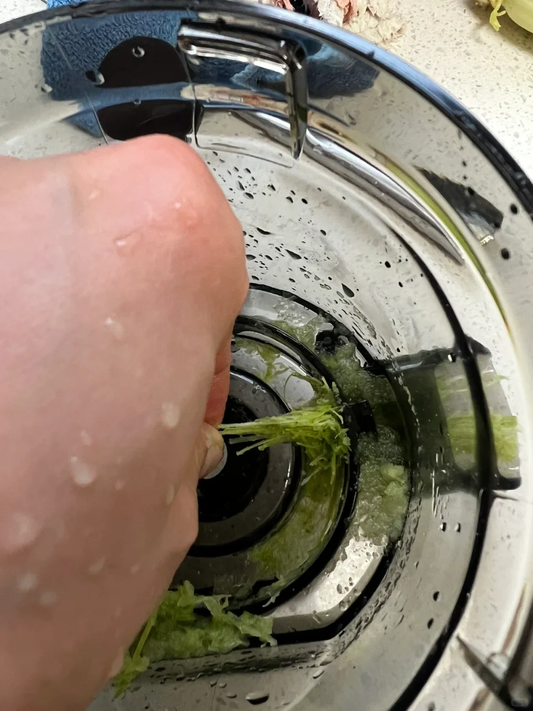 A hand pulls long green celery fibres from inside the wet, transparent juicer chamber, with more pulp caught around the chamber’s inner opening.