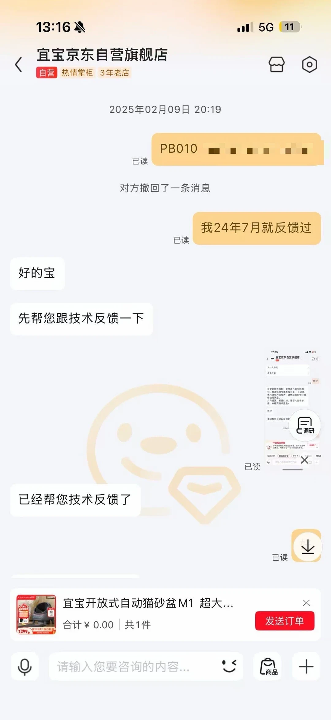 Screenshot of an e-commerce customer service chat screen on a smartphone, showing a conversation between a buyer and customer service from the Yibao JD Self-Operated Flagship Store regarding an issue with an automatic cat litter box.