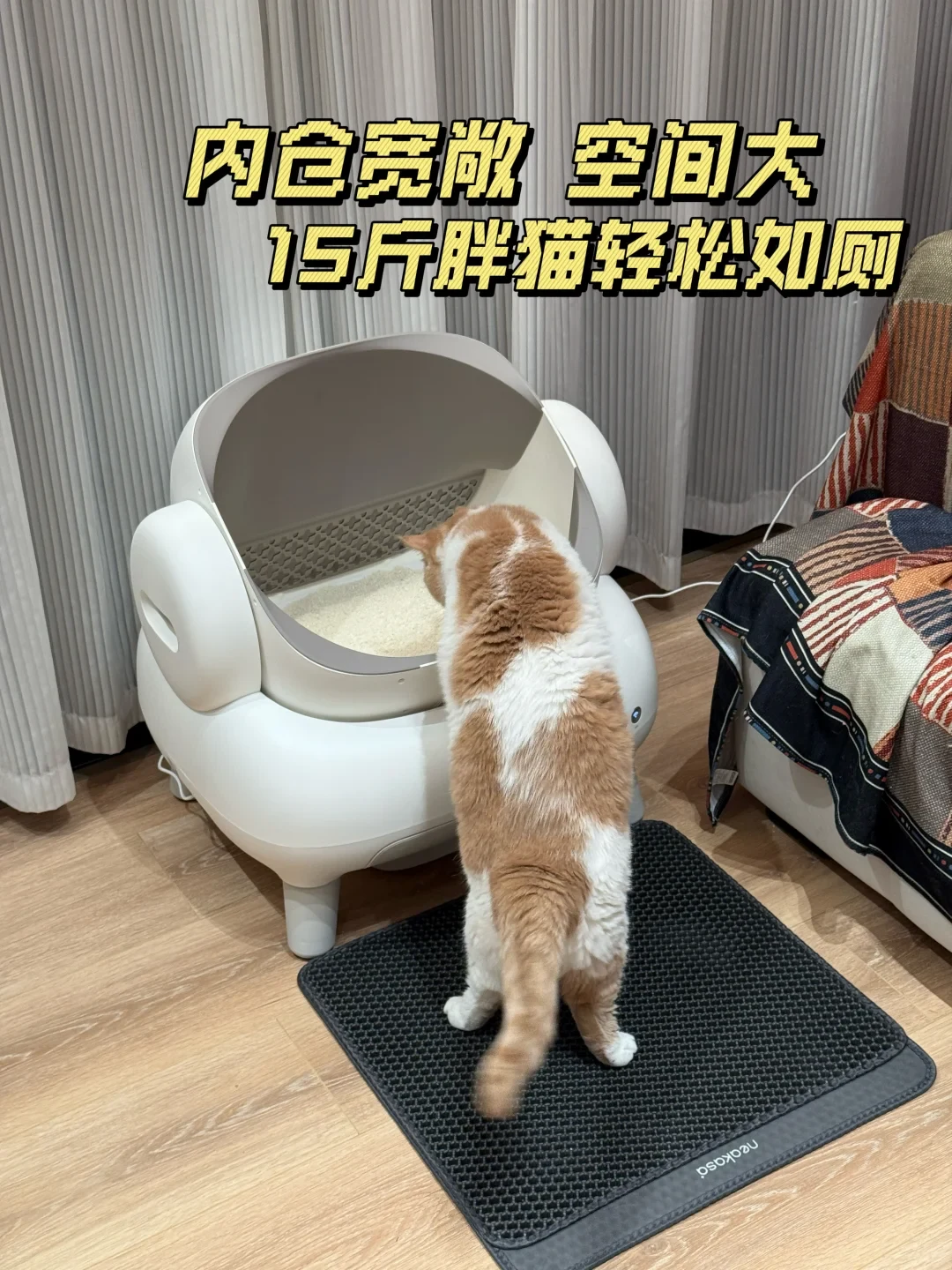An orange and white cat stands on a black honeycomb litter mat, looking into an open white automatic cat litter box placed indoors on a wooden floor.