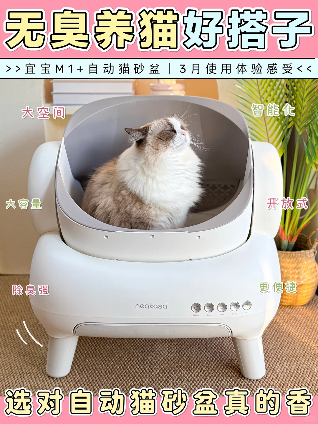 A fluffy cat sits contentedly with closed eyes inside a white and grey Neakasa automatic cat litter box, set on a textured rug next to a potted palm plant, accompanied by Chinese text highlighting its features and a review summary.