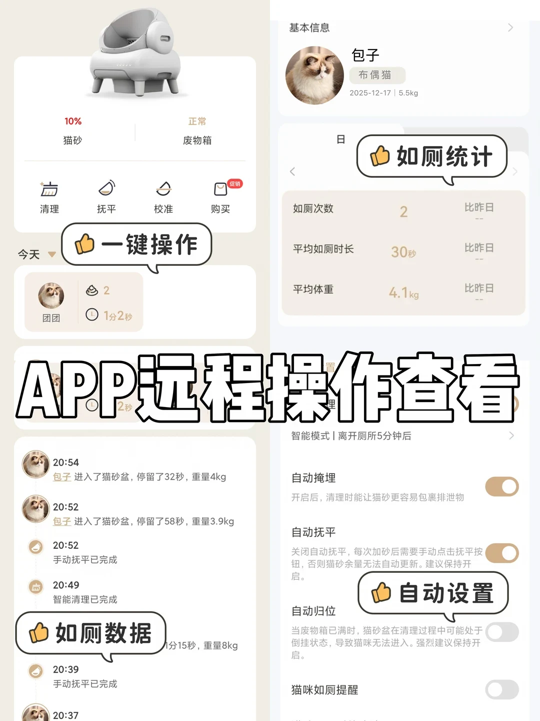 Graphic demonstrating a smart automatic cat litter box companion mobile app. The interface displays litter level and waste bin status, quick action buttons, pet profile for a Ragdoll cat, bathroom usage statistics, historical log timestamps, and automated settings toggles, with highlighted callouts for app features.