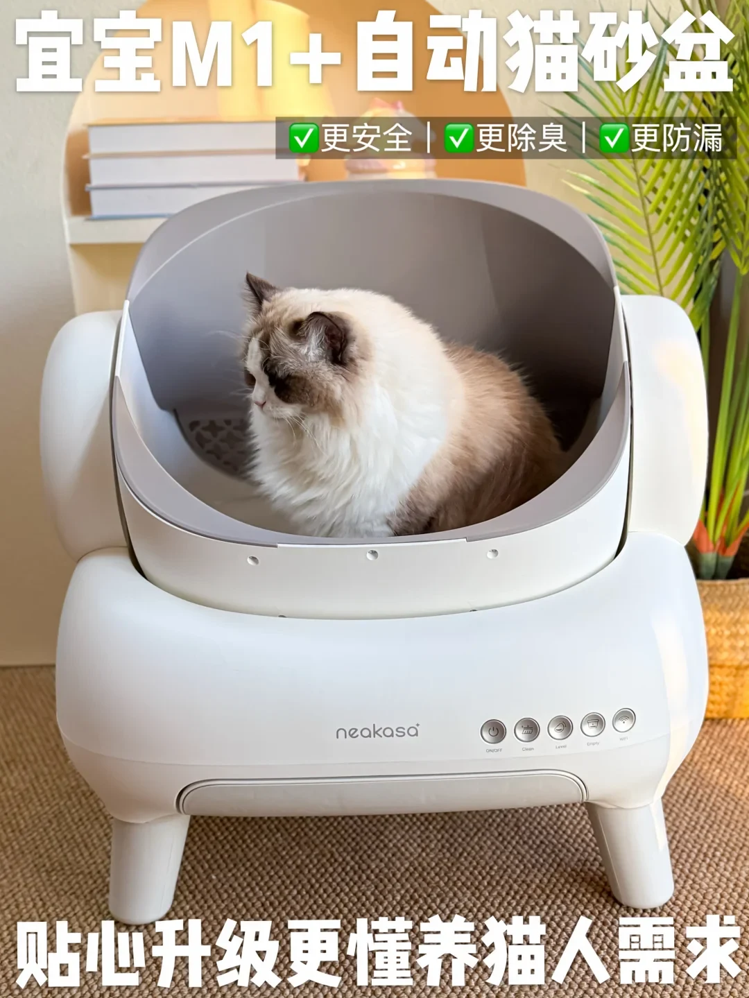 Promotional photo for the Neakasa M1+ automatic litter box, featuring a fluffy Ragdoll cat sitting inside the open-top cylindrical chamber with promotional Chinese headlines above and below.