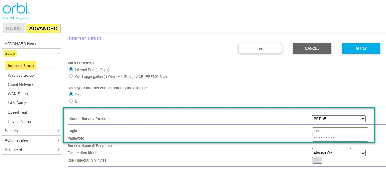 Netgear Orbi Advanced Internet Setup page showing Internet Port selected, login required, PPPoE chosen as the Internet Service Provider, and “kpn” entered in the Login field with the password obscured.