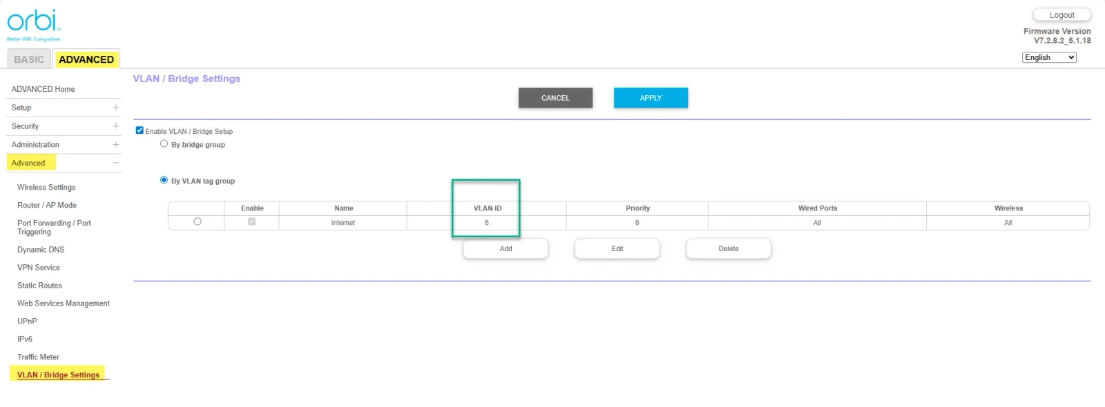 Web browser screenshot of the Netgear Orbi web administration panel showing the VLAN and Bridge Settings page with VLAN ID set to 6.