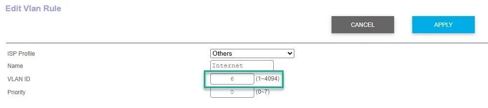 Router web management interface under Edit Vlan Rule showing the VLAN ID field set to 6 and highlighted in a cyan box.