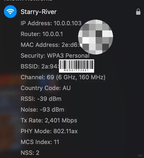 macOS Wi‑Fi connection details for “Starry-River,” showing a 6 GHz channel with 160 MHz bandwidth, 802.11ax PHY mode, and a 2,401 Mbps transmit rate.