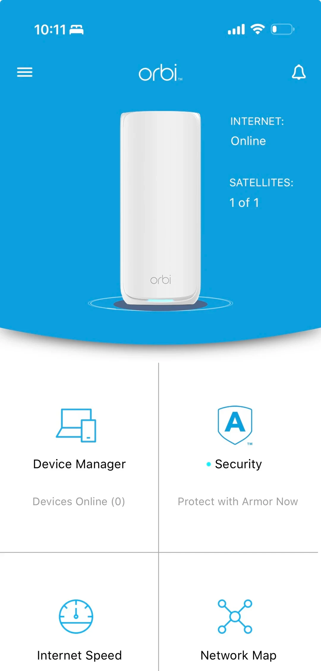 Screenshot of the Netgear Orbi mobile app dashboard displaying a white Orbi mesh router with online internet status and one connected satellite.