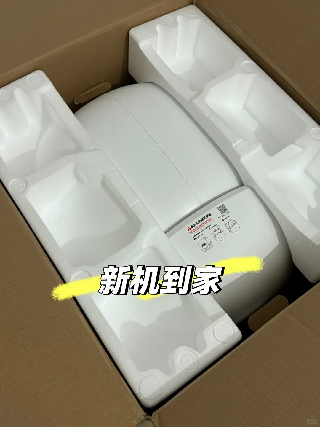 An overhead view inside a cardboard shipping box containing a new white rounded pet appliance packed tightly with white molded foam inserts.