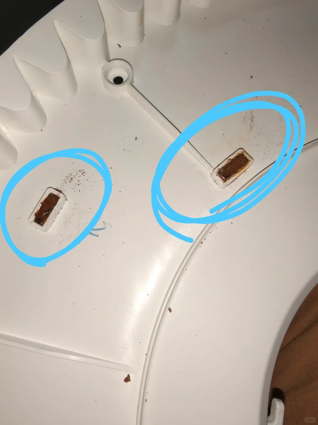 Close-up of a white plastic component from a PETKIT Max automatic litter box, featuring two embedded rectangular slots holding heavily rusted and corroded magnets highlighted inside hand-drawn blue circles.