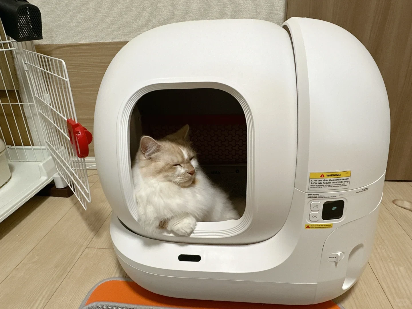 A fluffy cream and white cat rests comfortably with eyes half-closed inside a rounded white automatic self-cleaning litter box, its paws propped over the entryway ledge.