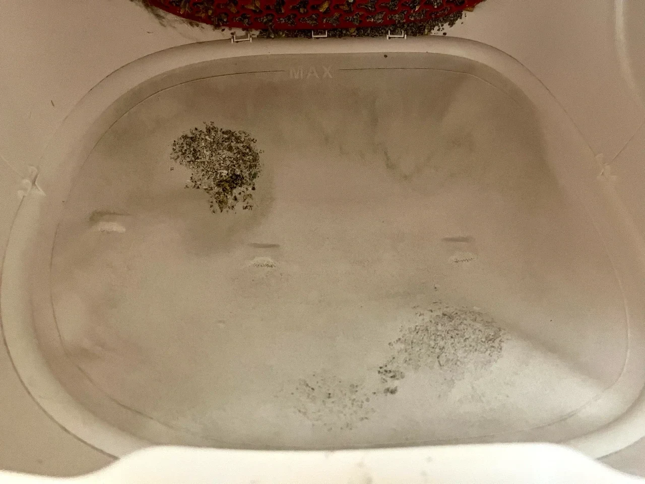 A close-up overhead view inside the empty drum of an automatic cat litter box showing a light grey liner with a few remnants of cat litter stuck to it, a molded MAX fill line near the top, and part of a red mesh sifting grate visible along the top edge.