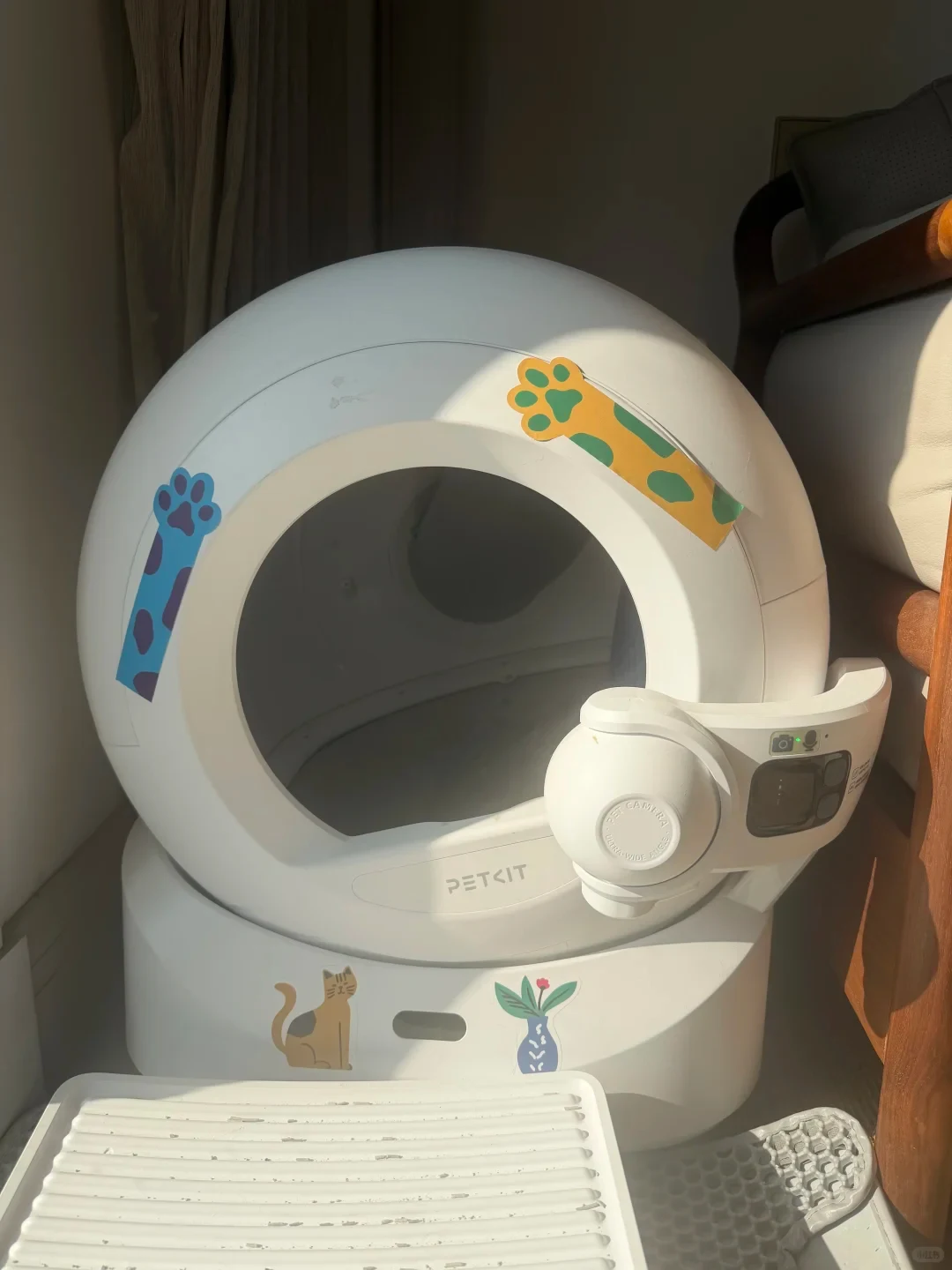 A white Petkit spherical automatic litter box sits in sunlight indoors next to a wooden chair, decorated with cat paw and cat stickers and equipped with an attached monitoring camera arm.