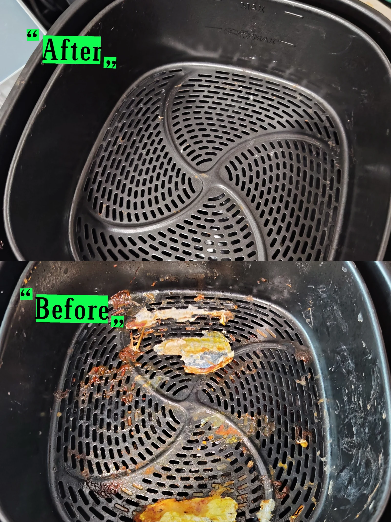 The cooking tray after cleaning above and with stuck fish residue before cleaning below.