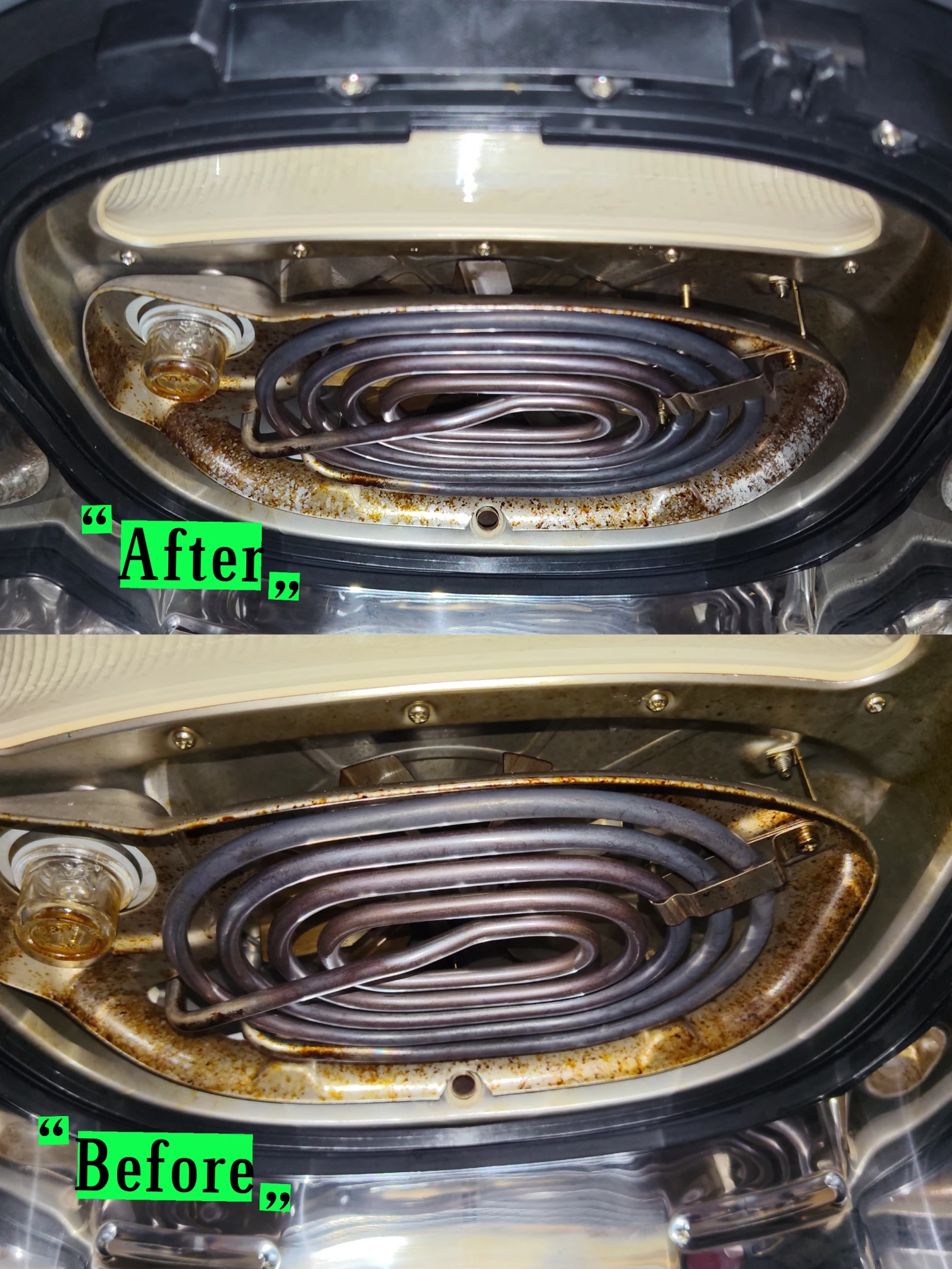 Two photographs of the heating-element area, with After above and Before below.