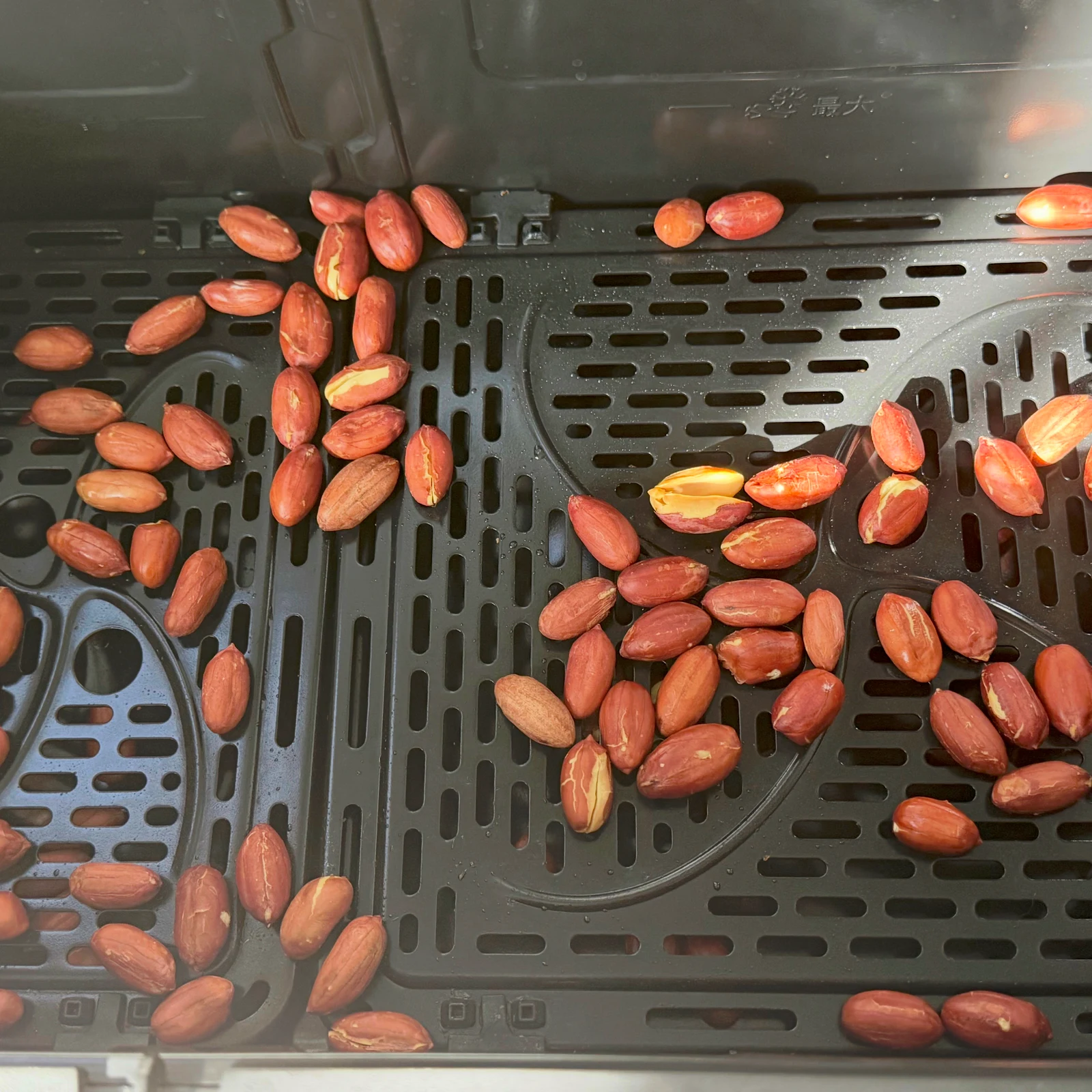 Peanuts spread over the perforated insert.