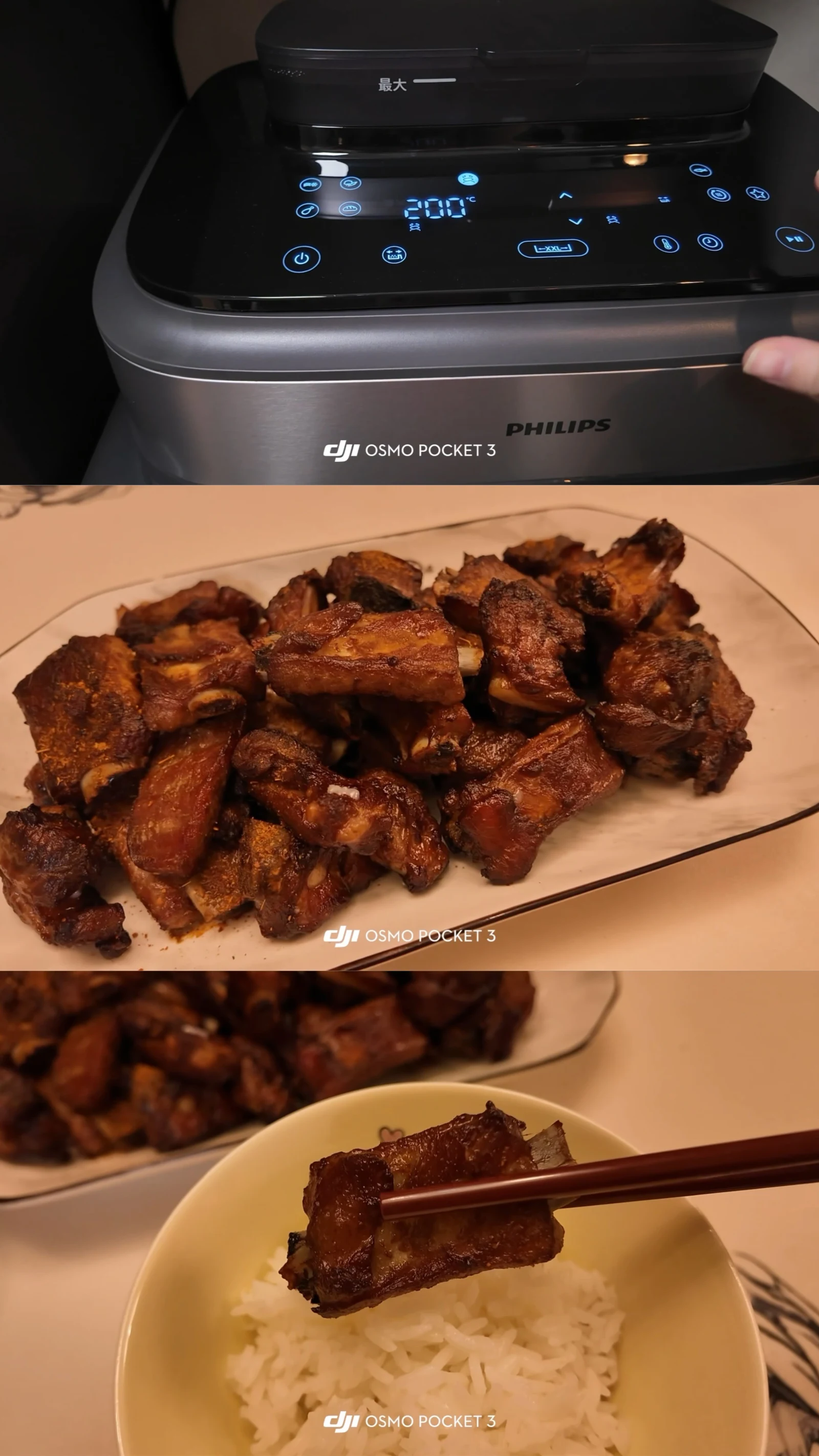 A collage of the Philips NA565, cooked ribs and a rib held over rice.