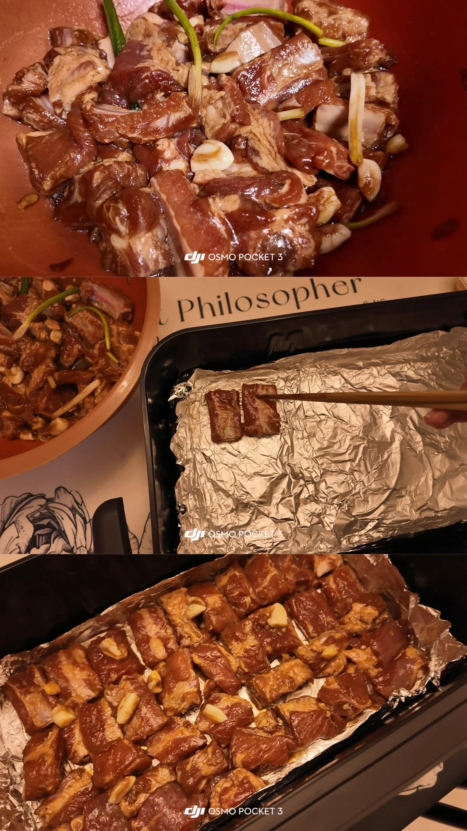 A collage showing marinated ribs being placed into a foil-lined air-fryer basket.